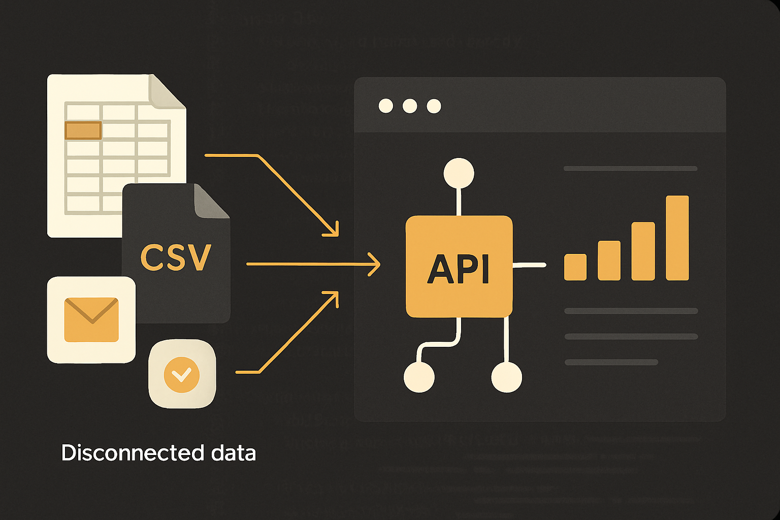 Left: messy spreadsheets and disconnected apps. Right: single integrated dashboard and API layer. Arrows show data flow.