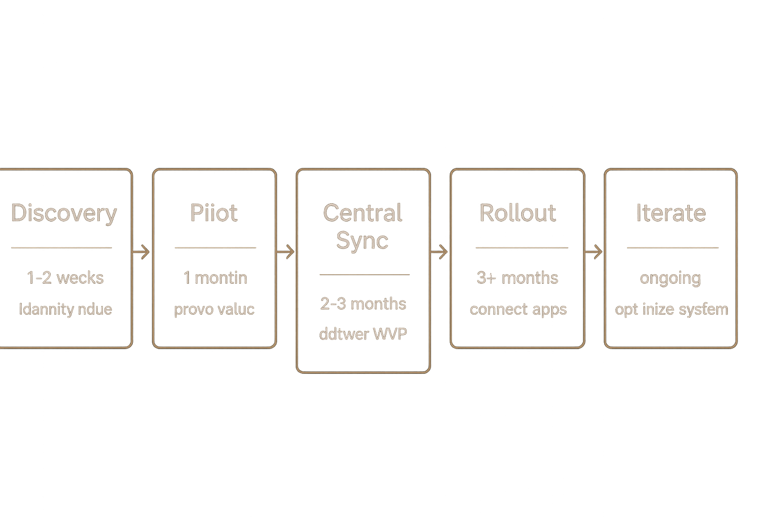 Phased migration diagram: Discovery → Pilot → Central sync → Rollout → Iterate